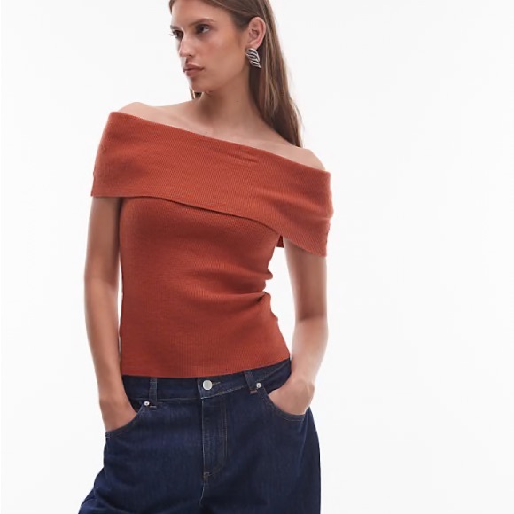 Off-the-Shoulder Ribbed Top in Rust - Picture 1 of 4